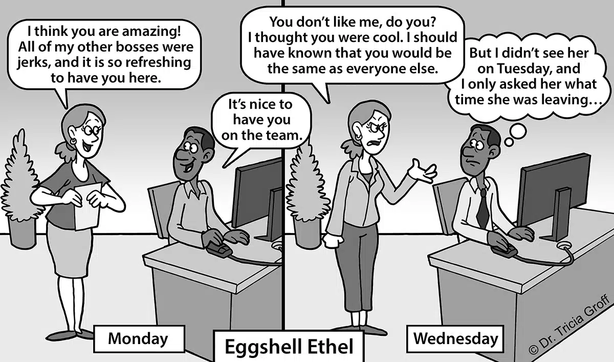 Cartoon that shows woman thinking her boss is fantastic one day and hating him the next.